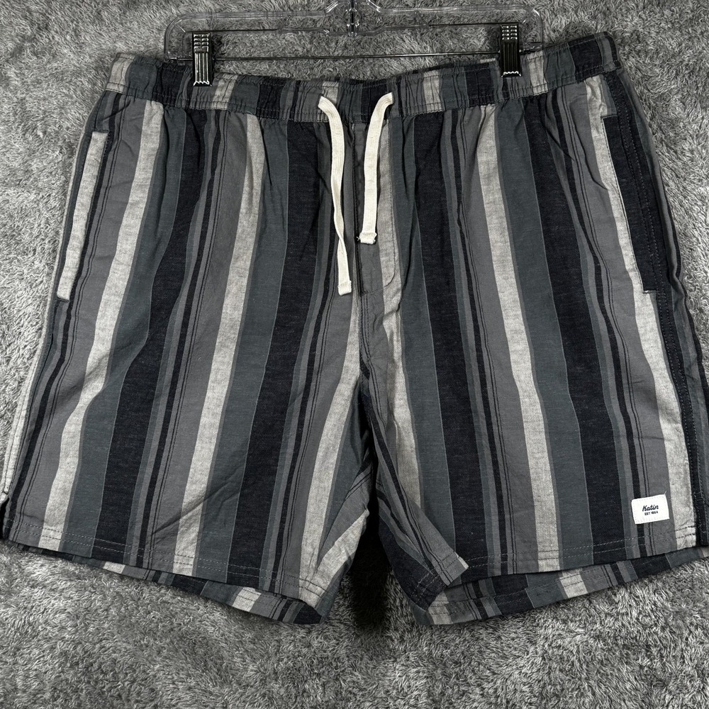 Katin Shorts Mens XL Gray Striped Cotton Linen Drawstring Bermuda Casual